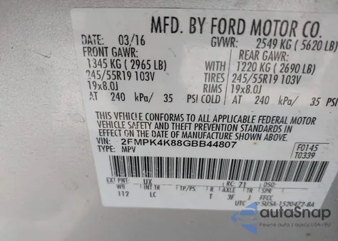 2016 Ford Edge Titanium z USA, uszkodzony, nr VIN 2FMPK4K88GBB44807